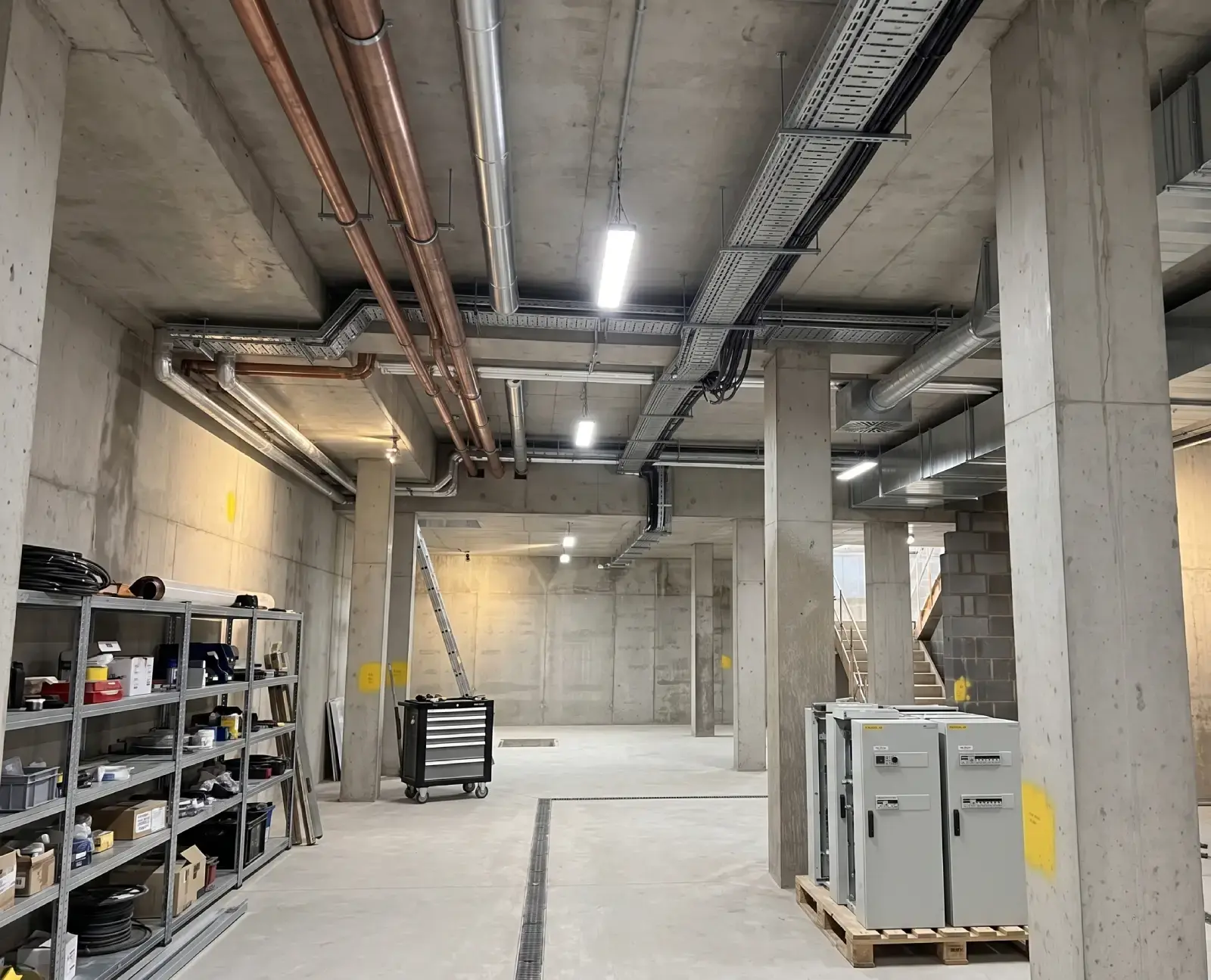 Cast in-situ reinforced concrete basement frame showing columns, downstand beams and the flat slab soffit, with mechanical and electrical services routed beneath